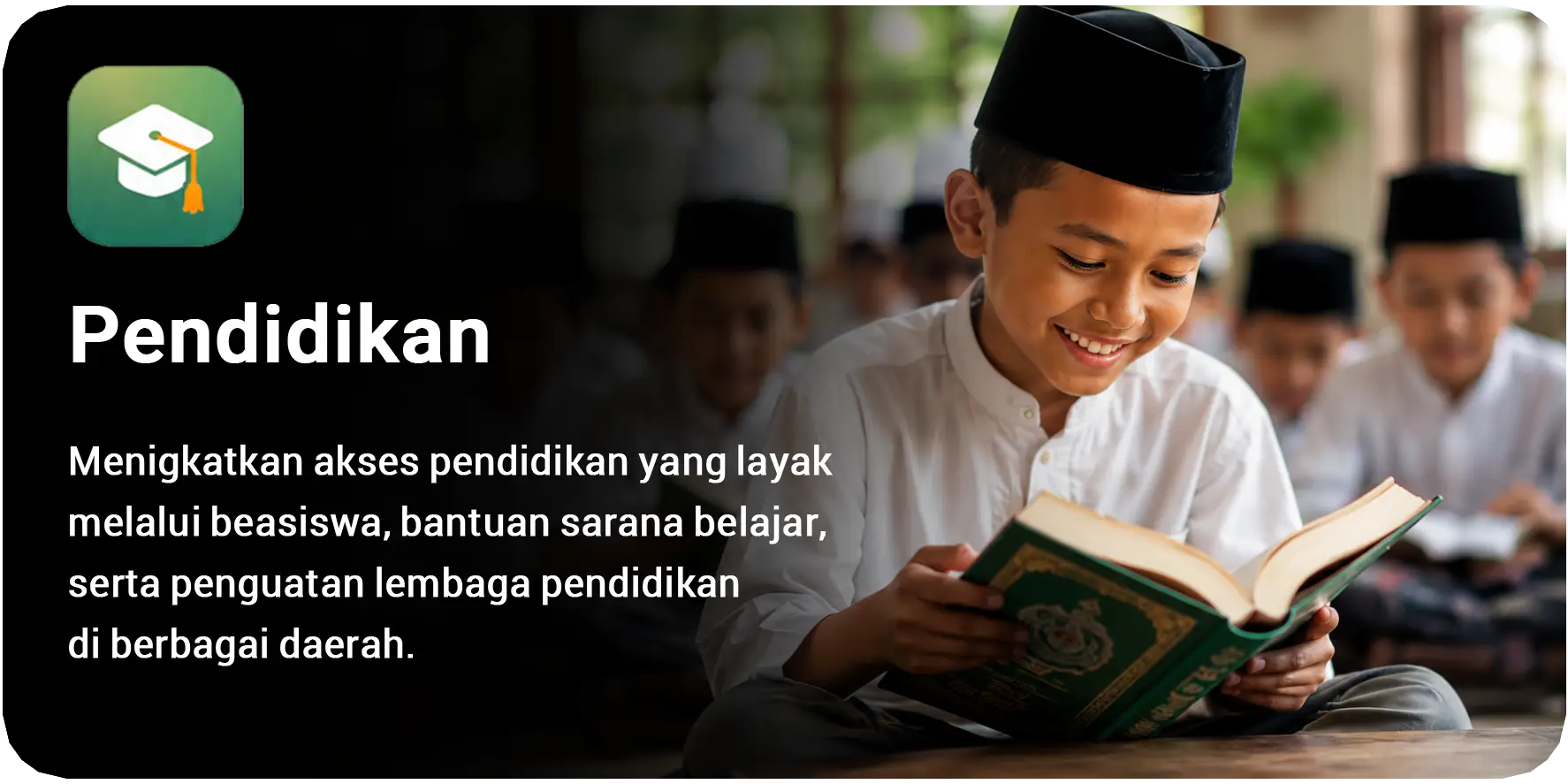 Program Pendidikan hadir untuk membuka akses pendidikan yang lebih baik bagi anak yatim dan dhuafa melalui bantuan biaya pendidikan, perlengkapan belajar, serta pengembangan fasilitas pendidikan. Bersama, kita wujudkan generasi yang cerdas dan berakhlak mulia.